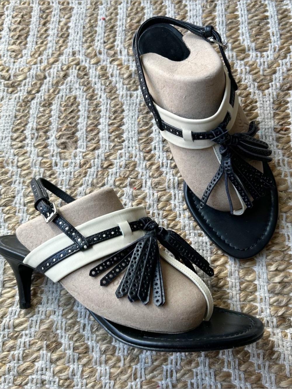 Polo Ralph Lauren Sling-back Sandals Leather Tassels Low Heel Black Cream 37.5